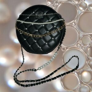 Badgley Mischka Black Quilted Crossbody with Pearl and Gold Chains New